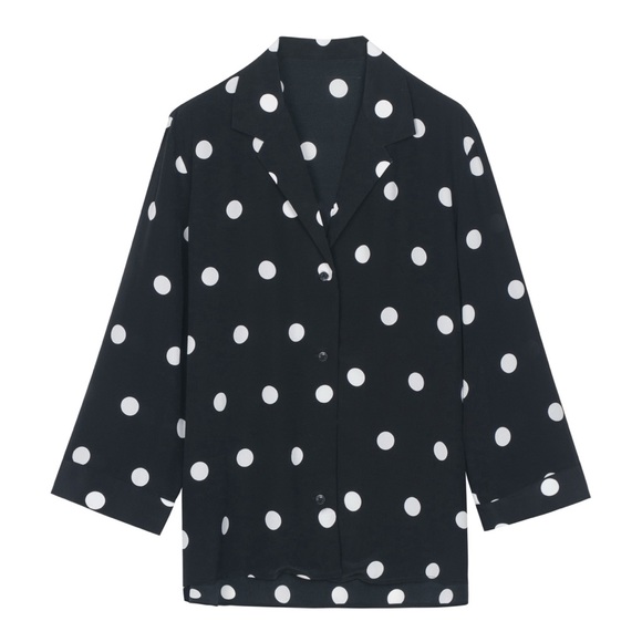 Black and White Polka Dot Three-Quarter Sleeve Silk Blouse - Picture 2 of 12